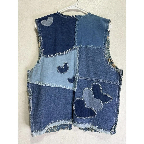 Womens Blue Denim Patchwork Vest South Western Y2k Boho Frayed LARGE READ - Picture 2 of 8
